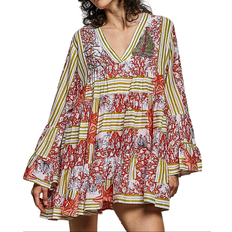 POL Oversized V-Neck Mini Dress Boho Pintuck Red Floral Stripe Multi Long Sleeve