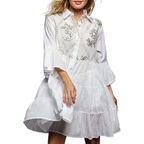POL Oversized Hemdkleid Blumen Pailletten Bestickt Mini Elfenbein Boho Leicht