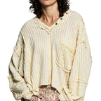 POL Oversized V‑Neck Long Sleeve Casual Knit Top with Stitch Detail Women’s Shirt