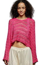 POL womens Knit Top Hot Pink Crochet Cropped Hooded with Full Sleeves HOT PINK POL_womens_Knit_Top_Hot_Pink_Crochet_Cropped_Hooded_with_Full_Sleeves Trendsi