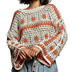 POL Crochet Oversized Knit Sweater Ivory Orange Long Sleeve Granny Square Top