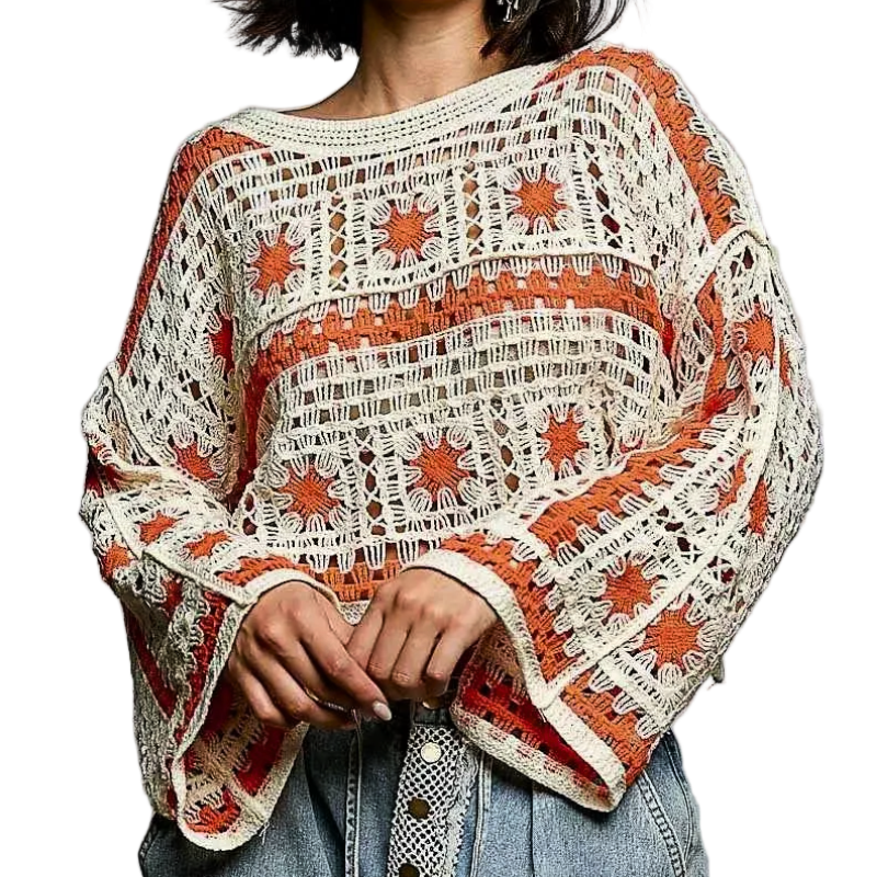 POL Crochet Oversized Knit Sweater Ivory Orange Long Sleeve Granny Square Top