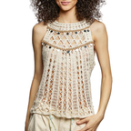 POL Crochet Top Seashell and Mirror Dangle Trim Halter Neck Sleeveless Boho Blouse