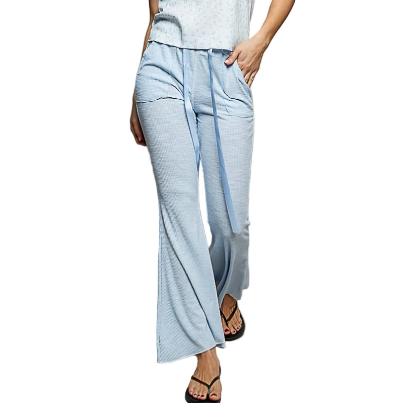 POL Ribbed Knit Pants Drawstring Textured Light Blue Wide Leg with Pockets