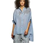 POL Oversized Cotton Shirt Floral Embroidered High-Low Hem Sky Blue Lightweight Top