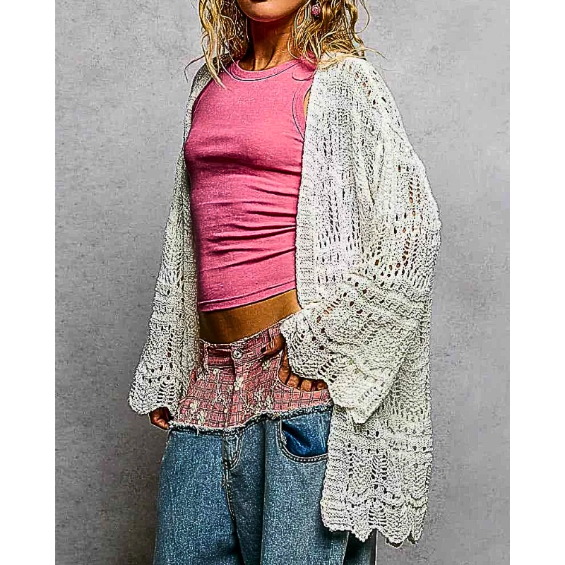 POL Oversized Knit Long Cardigan Off White Crochet Open-knit Lightweight Top