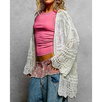 POL Oversized Knit Long Cardigan Off White Crochet Open-knit Lightweight Top
