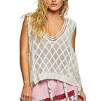 POL V-Neck Crochet Tank Top Diamond Knit Lightweight Off White Boho Loose Blouse