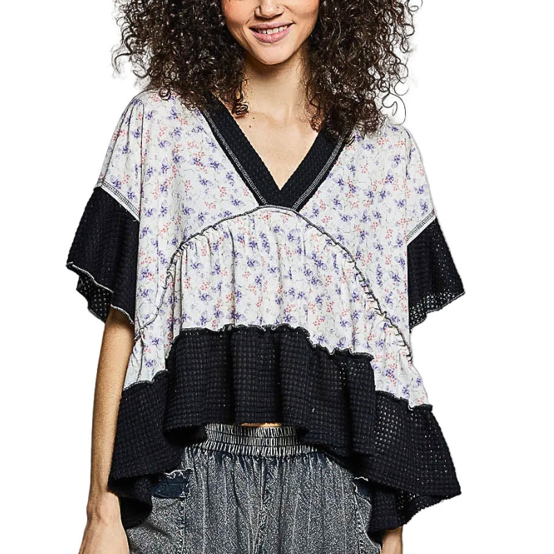 POL Floral Blouse Oversized Ruffle Black V-Neck Contrast Short Sleeve Boho Loose Top