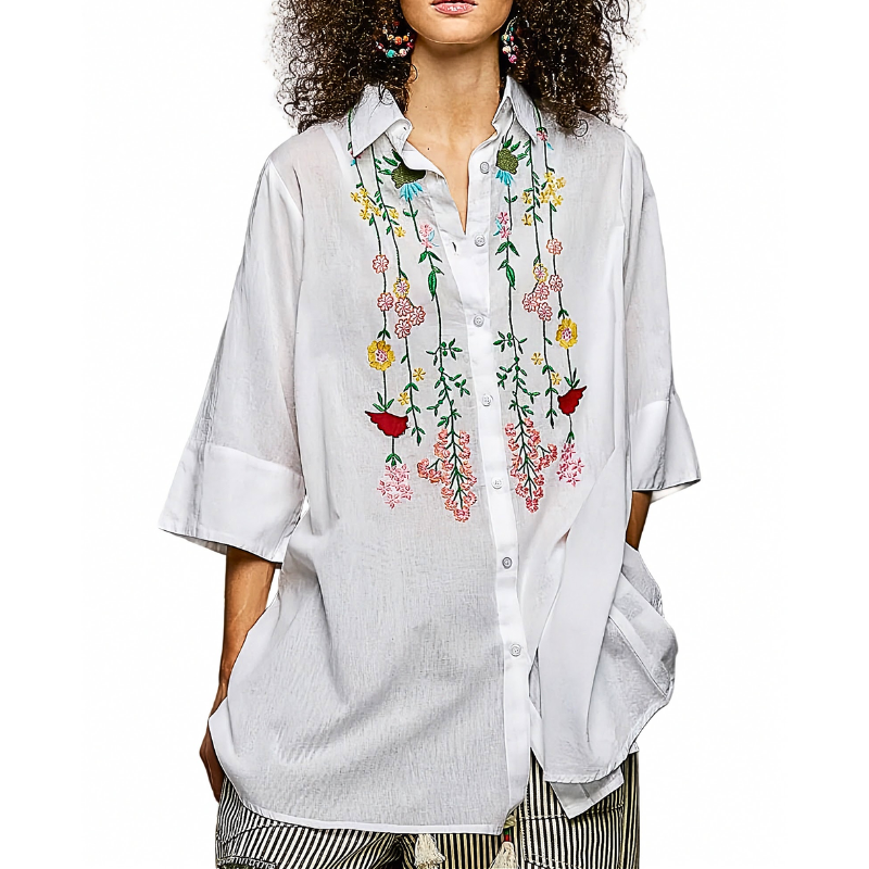 POL Oversized Ivory Shirt Floral Embroidered Button-up 3/4 Sleeve Boho Loose Top
