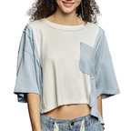 POL Cropped T-Shirt Women's Loose Blue Multi Color Block Patchwork Casual Top Tee