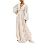 Party Maxi Dress V-Neck White Wave Pattern Long Balloon Sleeve Ruffle Backless
