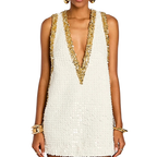 Party Mini Dress Sequin Embellished Sleeveless Deep V-Neck A-Line Beaded