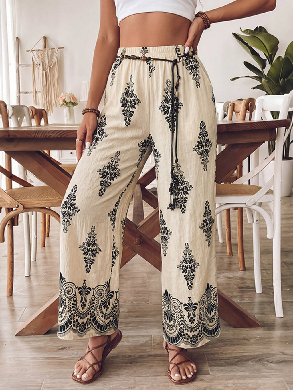 Boho Print Women's Pants Wide Leg Drwastring High Waist Casual Loose Summer