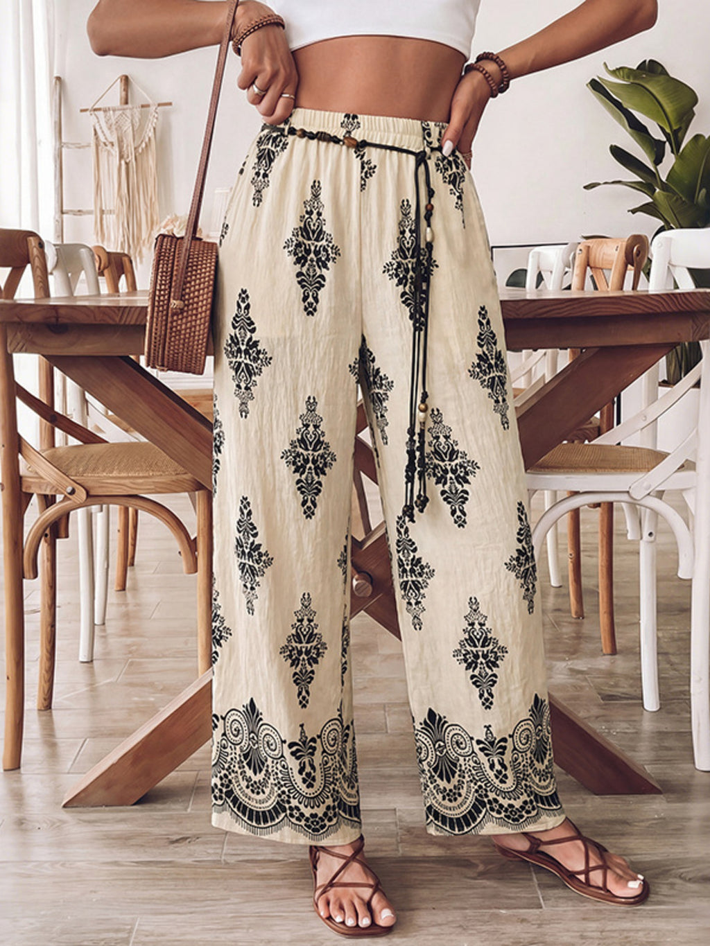 Boho Print Women's Pants Wide Leg Drwastring High Waist Casual Loose Summer