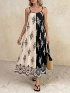 Midi Cami Dress Boho Print Color Block Paisley Black White Sleveless A-Line