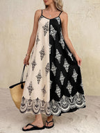Midi Cami Dress Boho Print Color Block Paisley Black White Sleveless A-Line