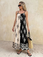 Midi Cami Dress Boho Print Color Block Paisley Black White Sleveless A-Line