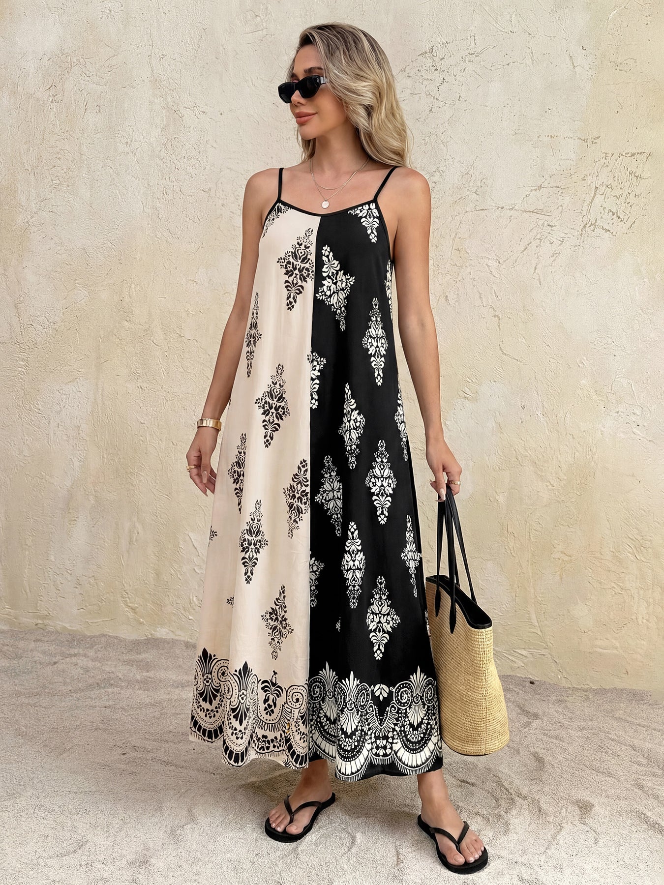 Midi Cami Dress Boho Print Color Block Paisley Black White Sleveless A-Line