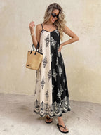 Midi Cami Dress Boho Print Color Block Paisley Black White Sleveless A-Line