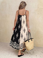 Midi Cami Dress Boho Print Color Block Paisley Black White Sleveless A-Line