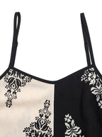 Midi Cami Dress Boho Print Color Block Paisley Black White Sleveless A-Line