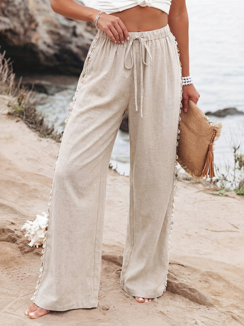 Linen Women's Pants Shell Side Tassel Casual Drawstring High Waist Wide Leg