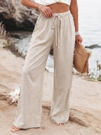 Linen Women's Pants Shell Side Tassel Casual Drawstring High Waist Wide Leg
