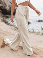 Linen Women's Pants Shell Side Tassel Casual Drawstring High Waist Wide Leg