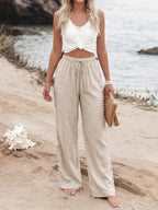 Linen Women's Pants Shell Side Tassel Casual Drawstring High Waist Wide Leg