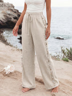 Linen Women's Pants Shell Side Tassel Casual Drawstring High Waist Wide Leg
