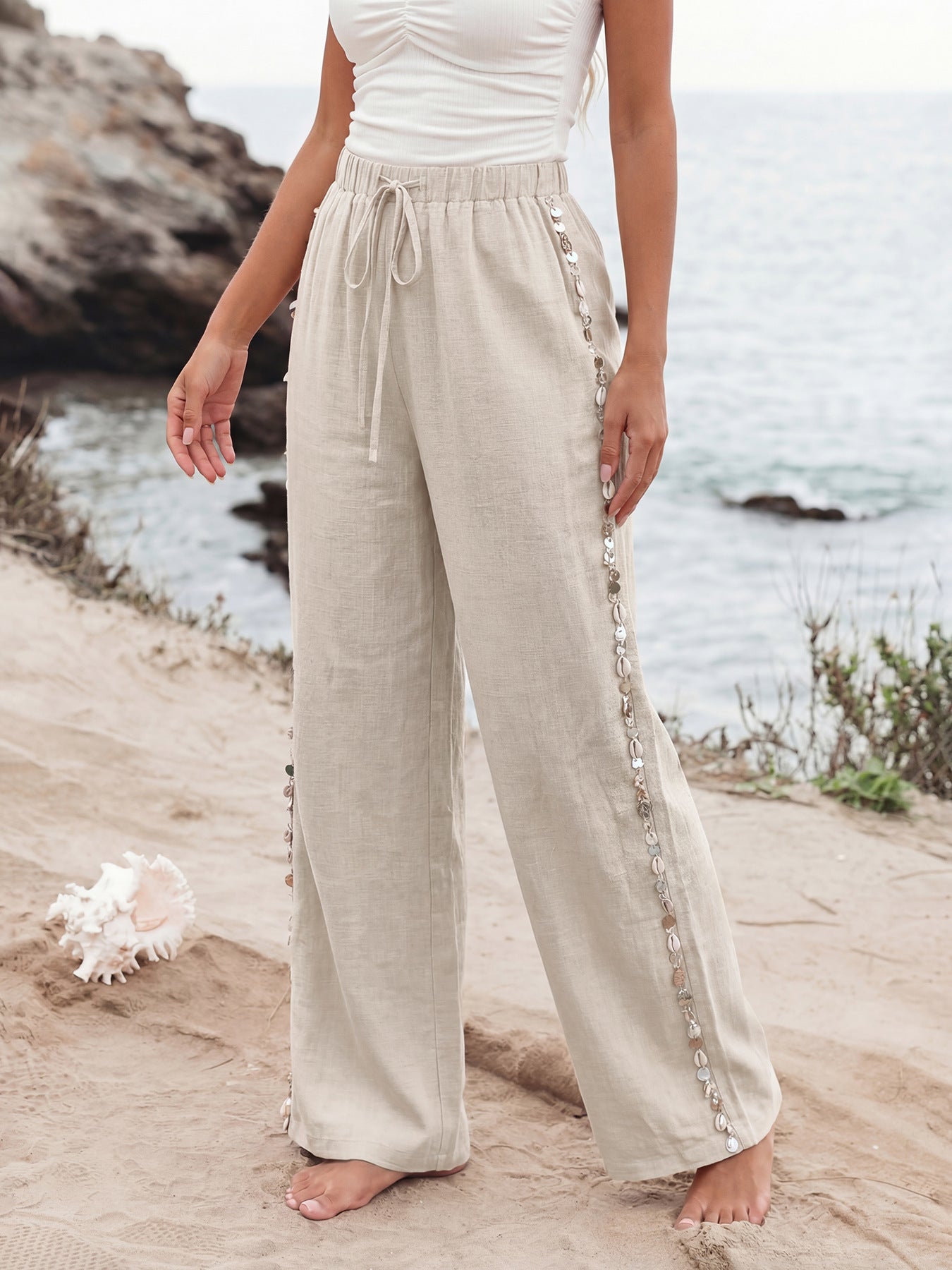 Linen Women's Pants Shell Side Tassel Casual Drawstring High Waist Wide Leg