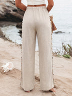 Linen Women's Pants Shell Side Tassel Casual Drawstring High Waist Wide Leg