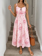 Midi Cami Dress Floral Pink V-Neck Ruffle Tied High Waisted Sleeveles Smocked