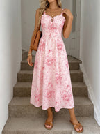 Midi Cami Dress Floral Pink V-Neck Ruffle Tied High Waisted Sleeveles Smocked