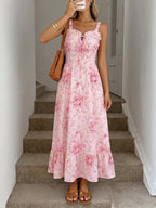 Midi Cami Dress Floral Pink V-Neck Ruffle Tied High Waisted Sleeveles Smocked