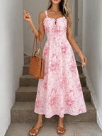 Midi Cami Dress Floral Pink V-Neck Ruffle Tied High Waisted Sleeveles Smocked