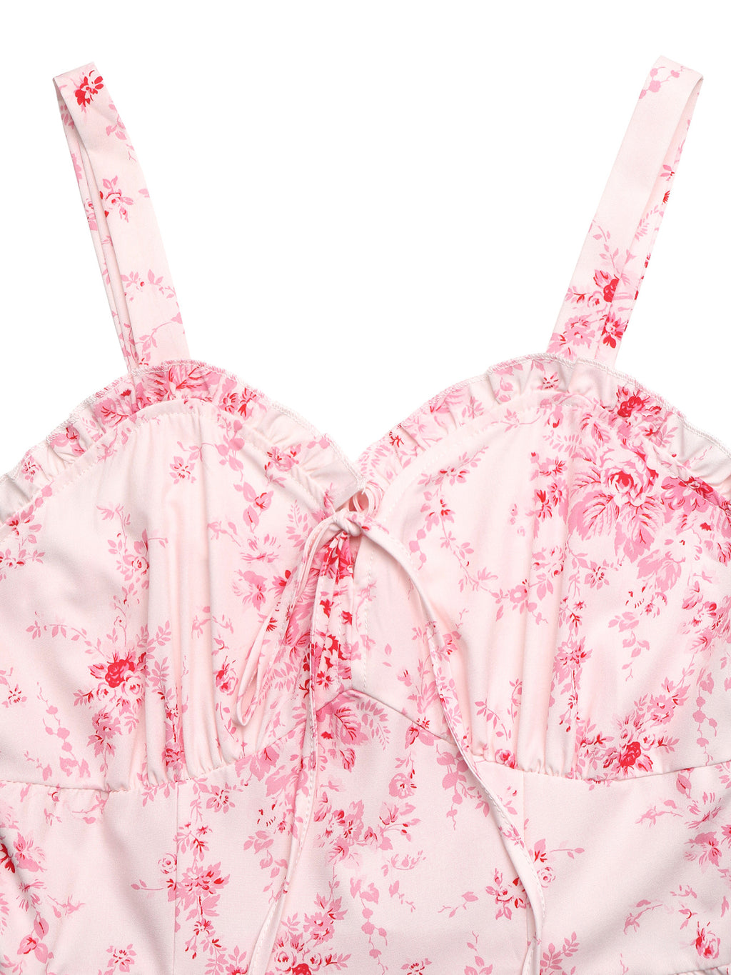 Midi Cami Dress Floral Pink V-Neck Ruffle Tied High Waisted Sleeveles Smocked