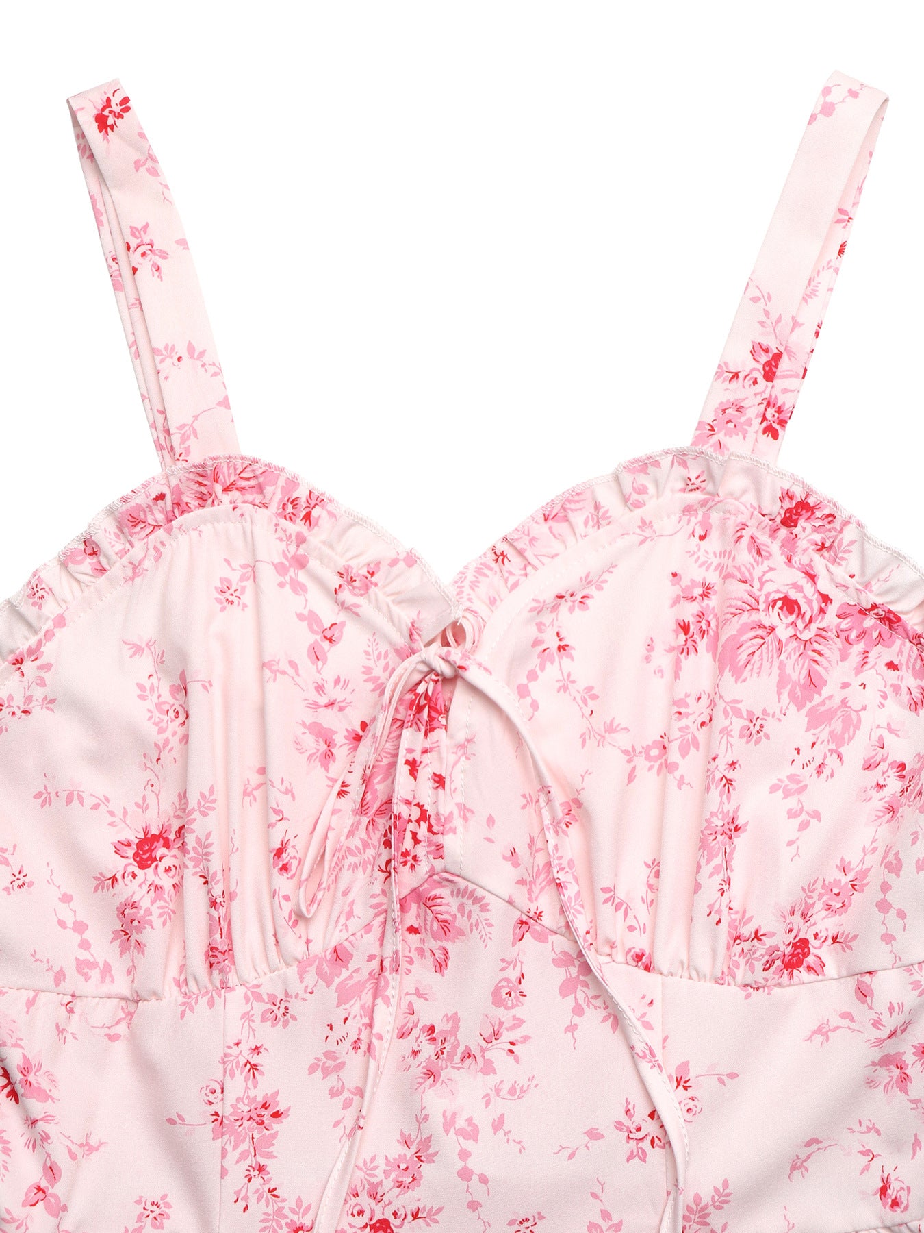 Midi Cami Dress Floral Pink V-Neck Ruffle Tied High Waisted Sleeveles Smocked