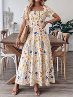 Casual Maxi Dress Floral Colorful Flower Print Square Neck Ruffle Short Sleeve