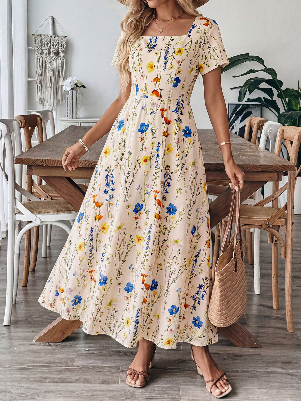 Casual Maxi Dress Floral Colorful Flower Print Square Neck Ruffle Short Sleeve