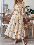 Casual Maxi Dress Floral Colorful Flower Print Square Neck Ruffle Short Sleeve