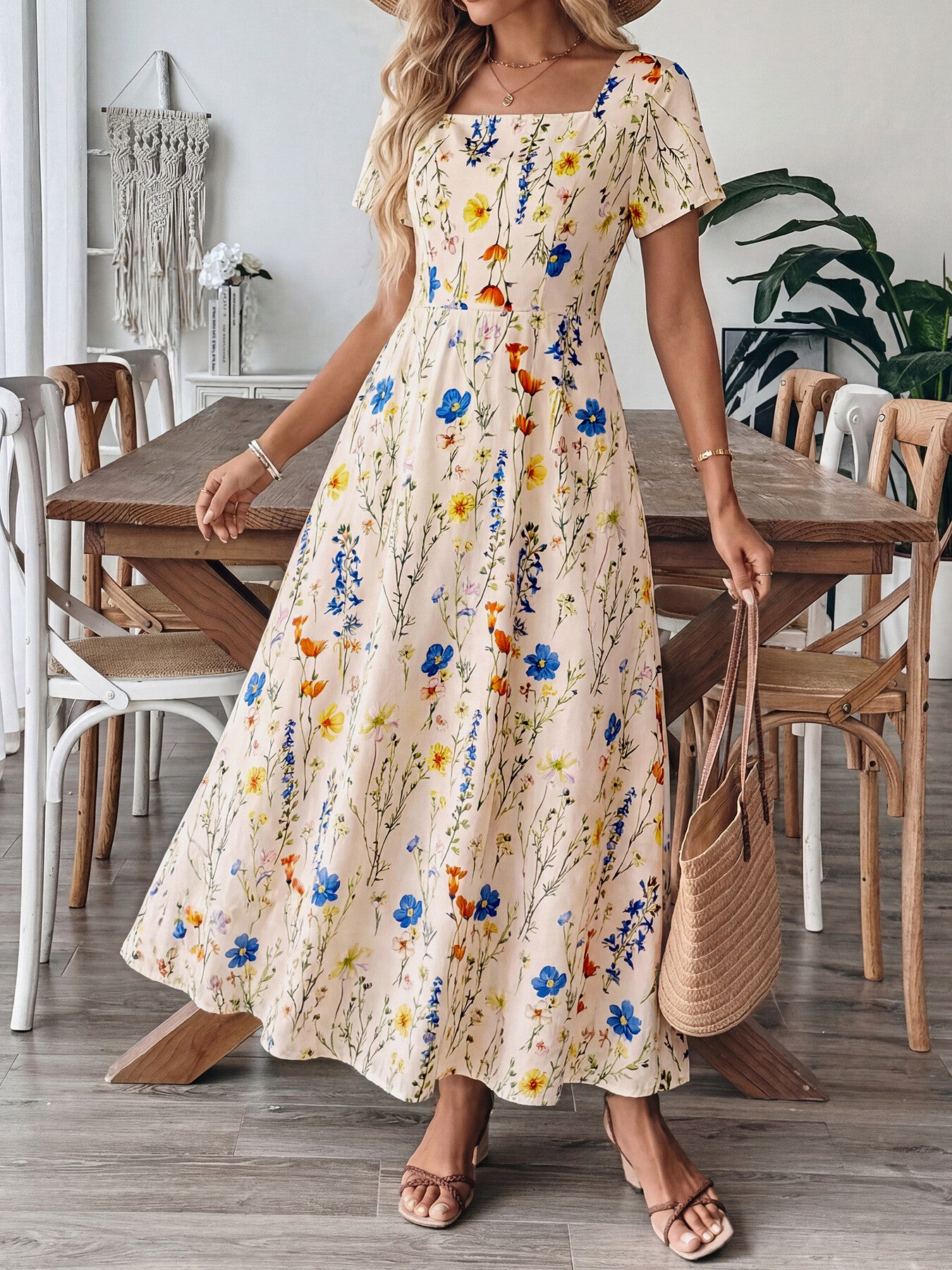 Casual Maxi Dress Floral Colorful Flower Print Square Neck Ruffle Short Sleeve