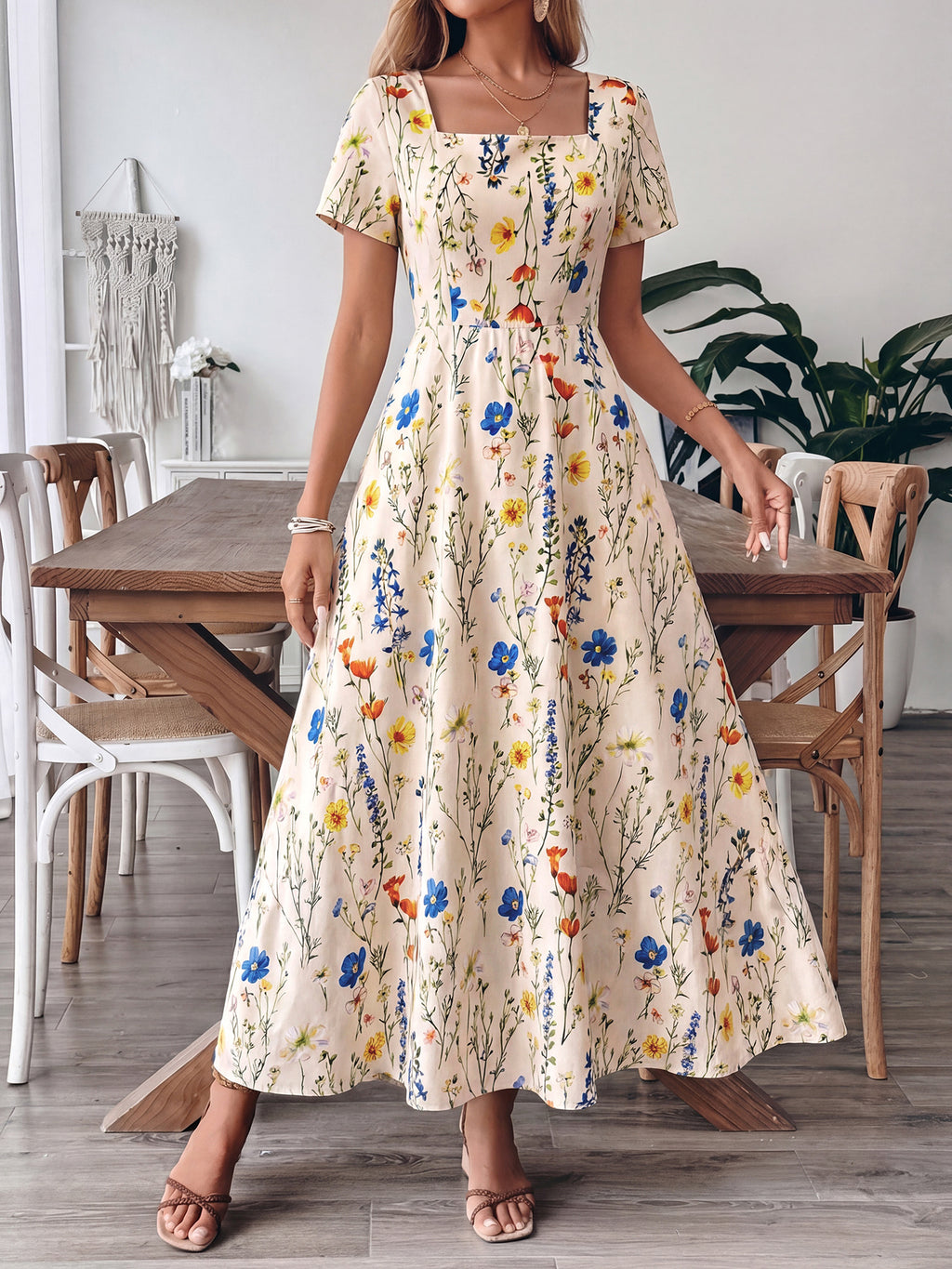 Casual Maxi Dress Floral Colorful Flower Print Square Neck Ruffle Short Sleeve