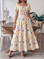 Casual Maxi Dress Floral Colorful Flower Print Square Neck Ruffle Short Sleeve