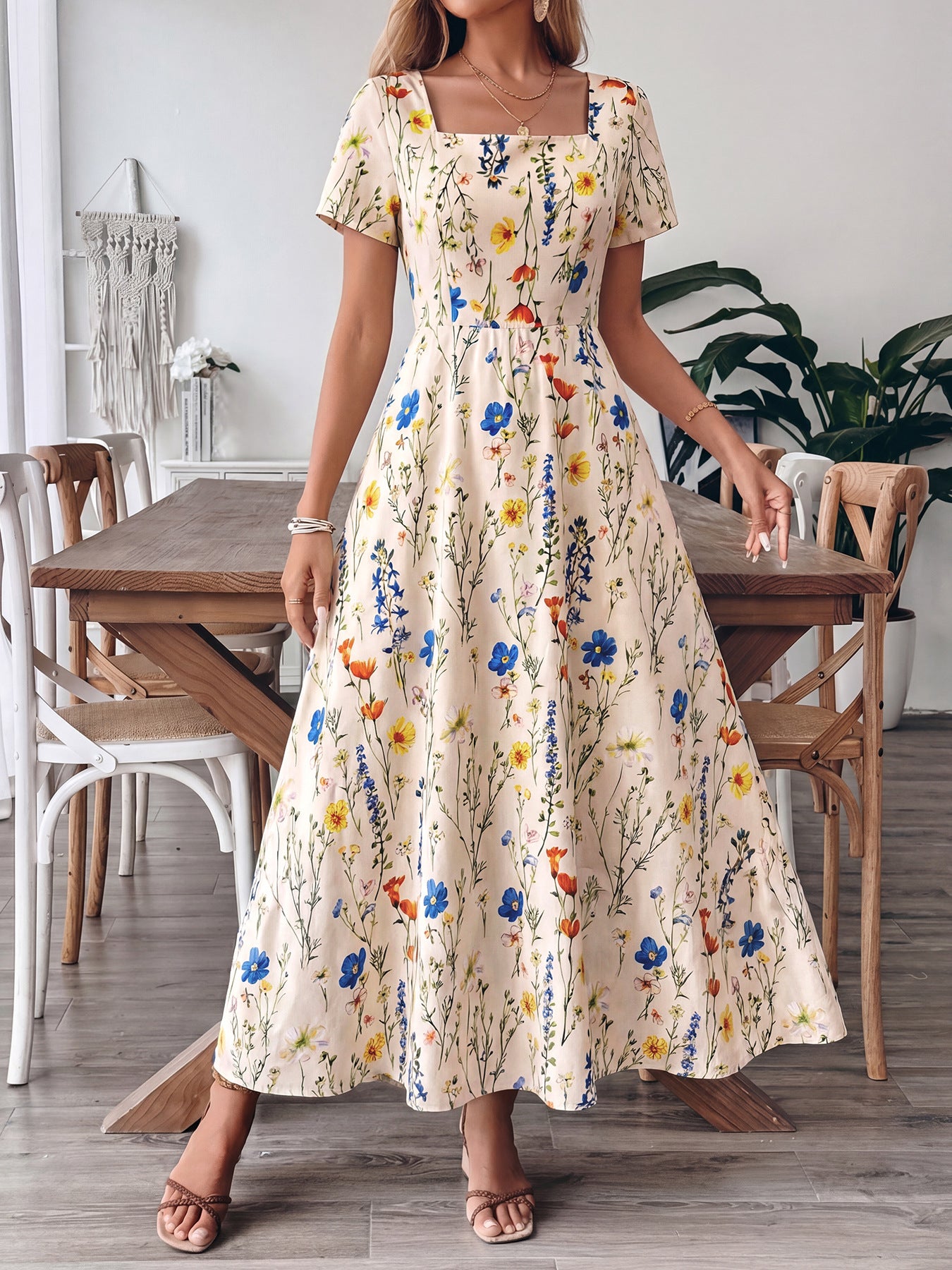 Casual Maxi Dress Floral Colorful Flower Print Square Neck Ruffle Short Sleeve