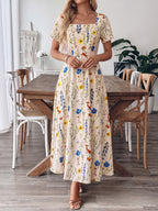Casual Maxi Dress Floral Colorful Flower Print Square Neck Ruffle Short Sleeve