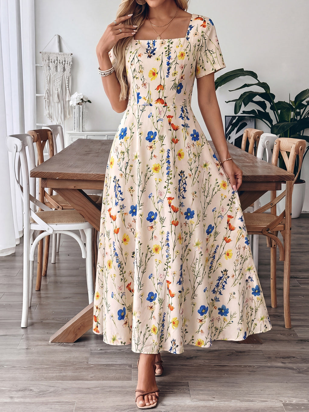 Casual Maxi Dress Floral Colorful Flower Print Square Neck Ruffle Short Sleeve