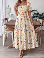 Casual Maxi Dress Floral Colorful Flower Print Square Neck Ruffle Short Sleeve