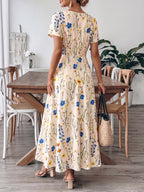 Casual Maxi Dress Floral Colorful Flower Print Square Neck Ruffle Short Sleeve